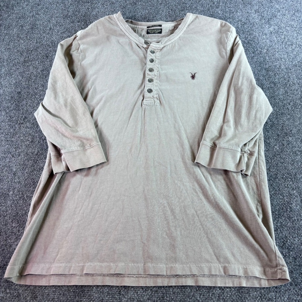 AllSaints Henley Shirt‎ Mens XXL Taupe Brown Ram Skull Logo Long Sleeve Cotton
